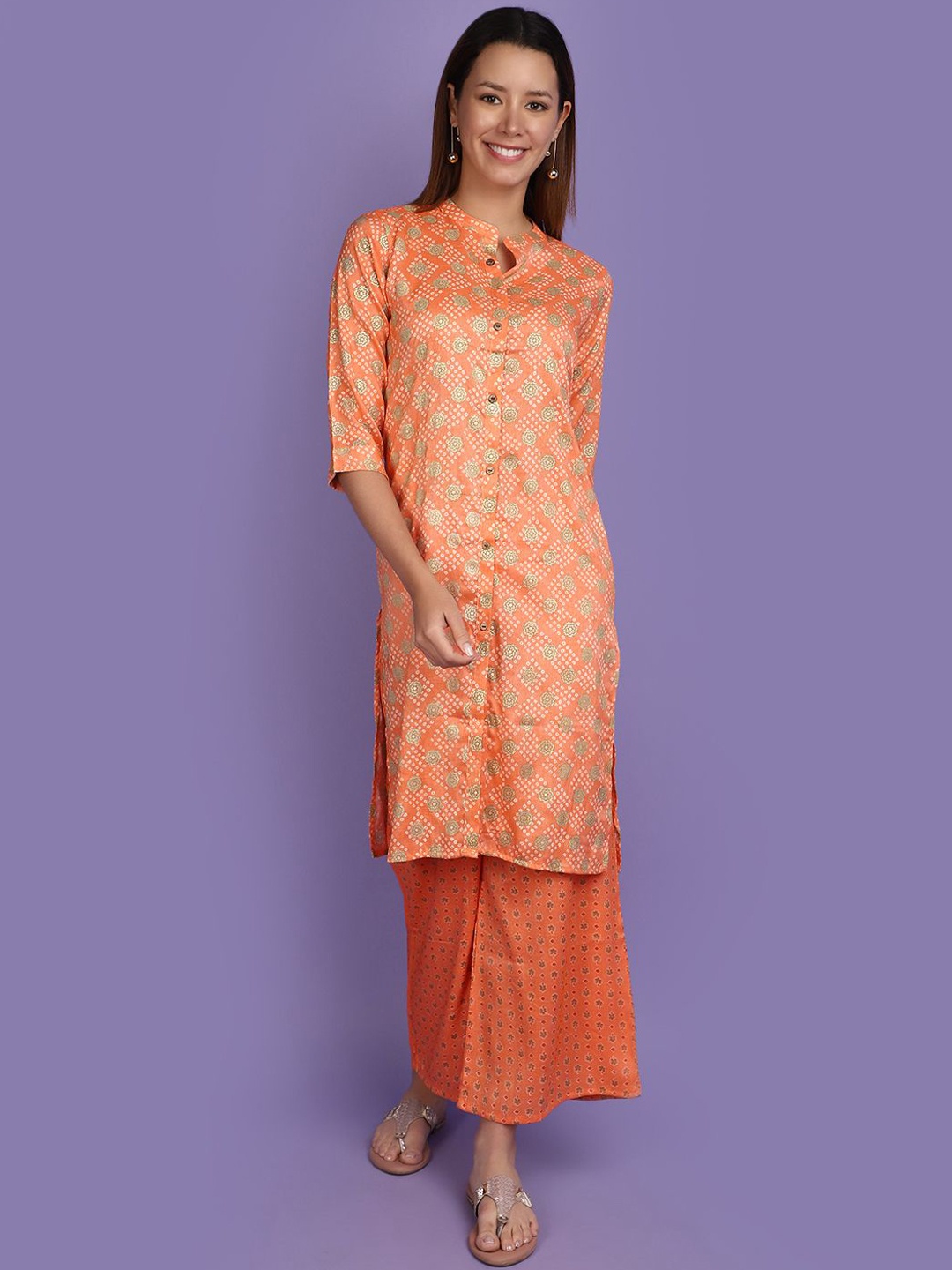 

V-Mart Floral Printed Mandarin Collar Straight Kurta With Palazzos, Peach