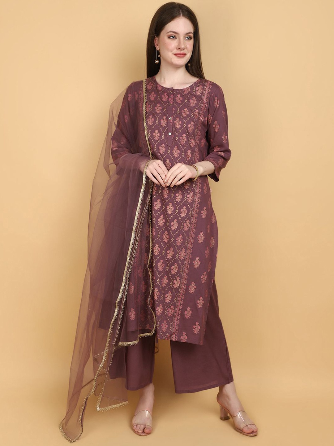 

V-Mart Floral Printed Straight Kurta With Palazzos & Dupatta, Purple