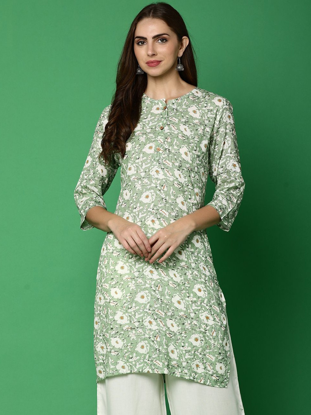 

V-Mart Floral Printed Round Neck Straight Kurta With Palazzos, Green