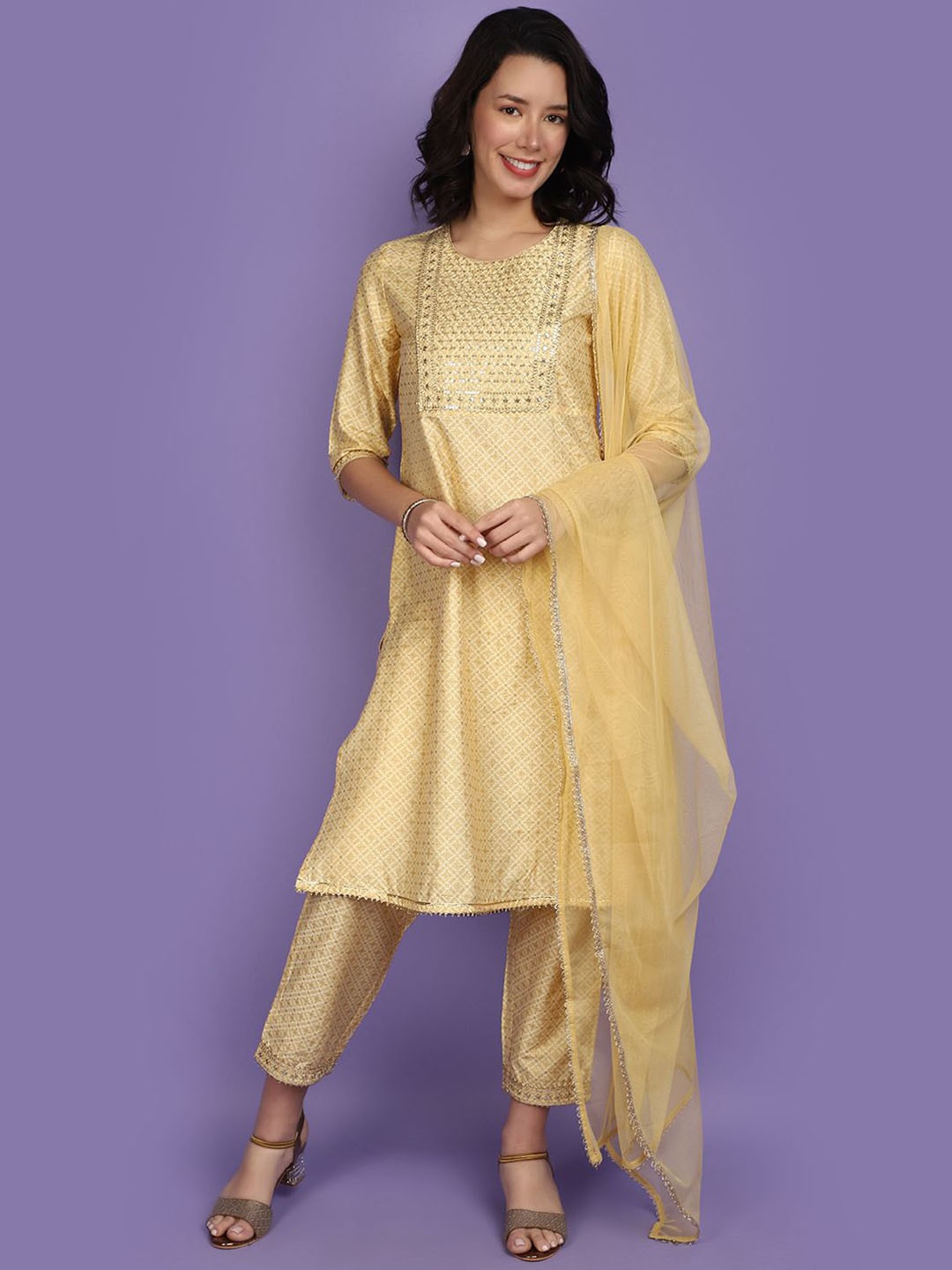 

V-Mart Ethnic Motifs Printed Gotta Patti A-Line Kurta With Trousers & Dupatta, Mustard