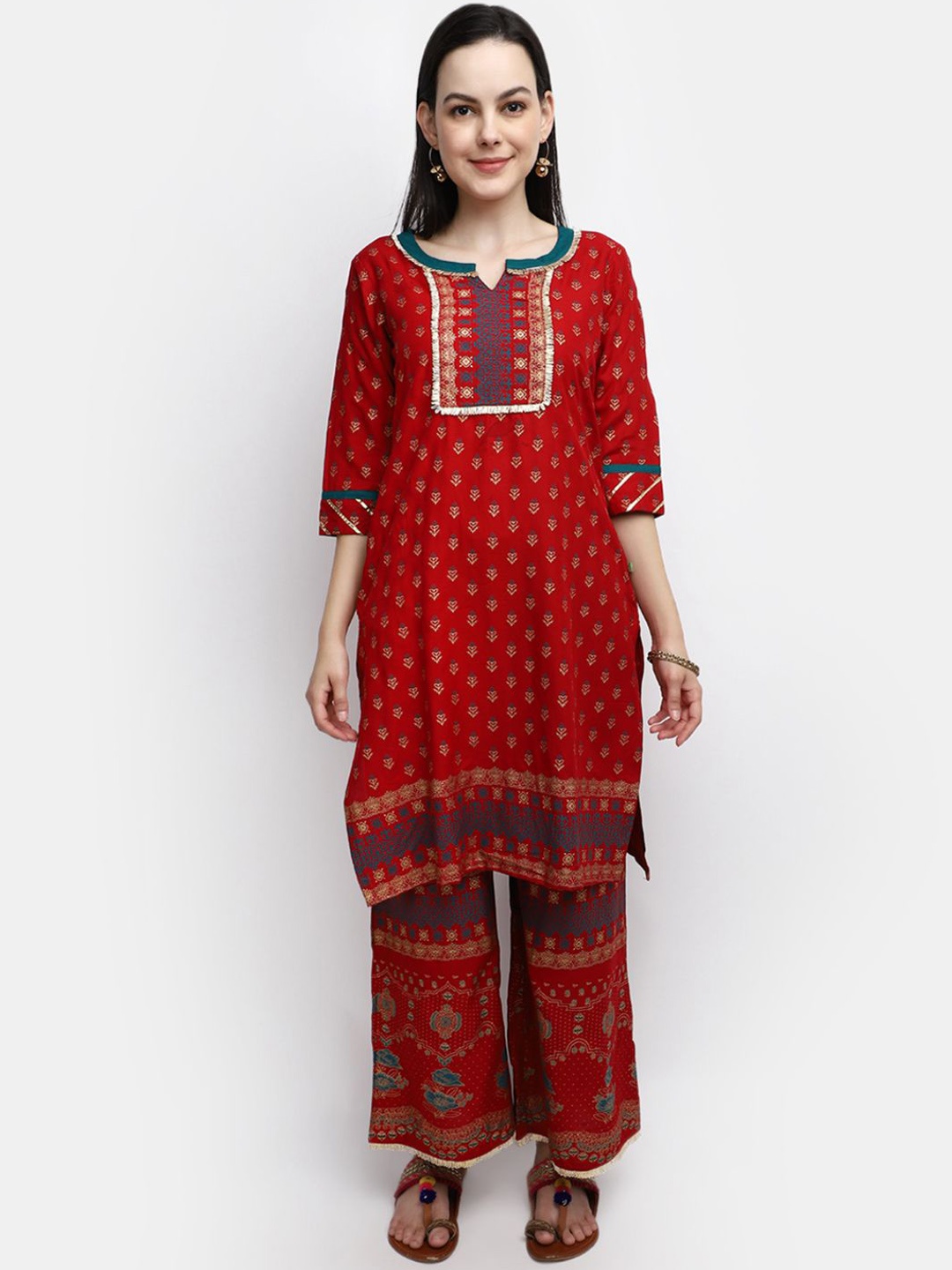 

V-Mart Floral Printed Notch Neck Gotta Patti Straight Kurta With Palazzos, Maroon