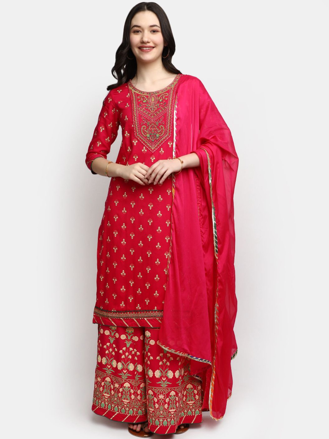 

V-Mart Floral Printed Thread Work Straight Kurta With Skirt & Dupatta, Red