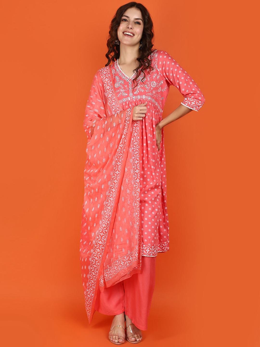 

V-Mart Floral Printed Mirror Work Empire A-Line Kurta With Trousers & Dupatta, Coral