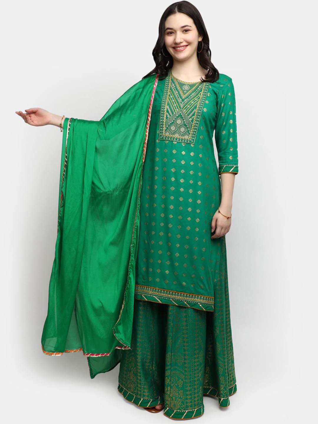 

V-Mart Ethnic Motifs Printed Sequinned Straight Kurta With Skirt & Dupatta, Green