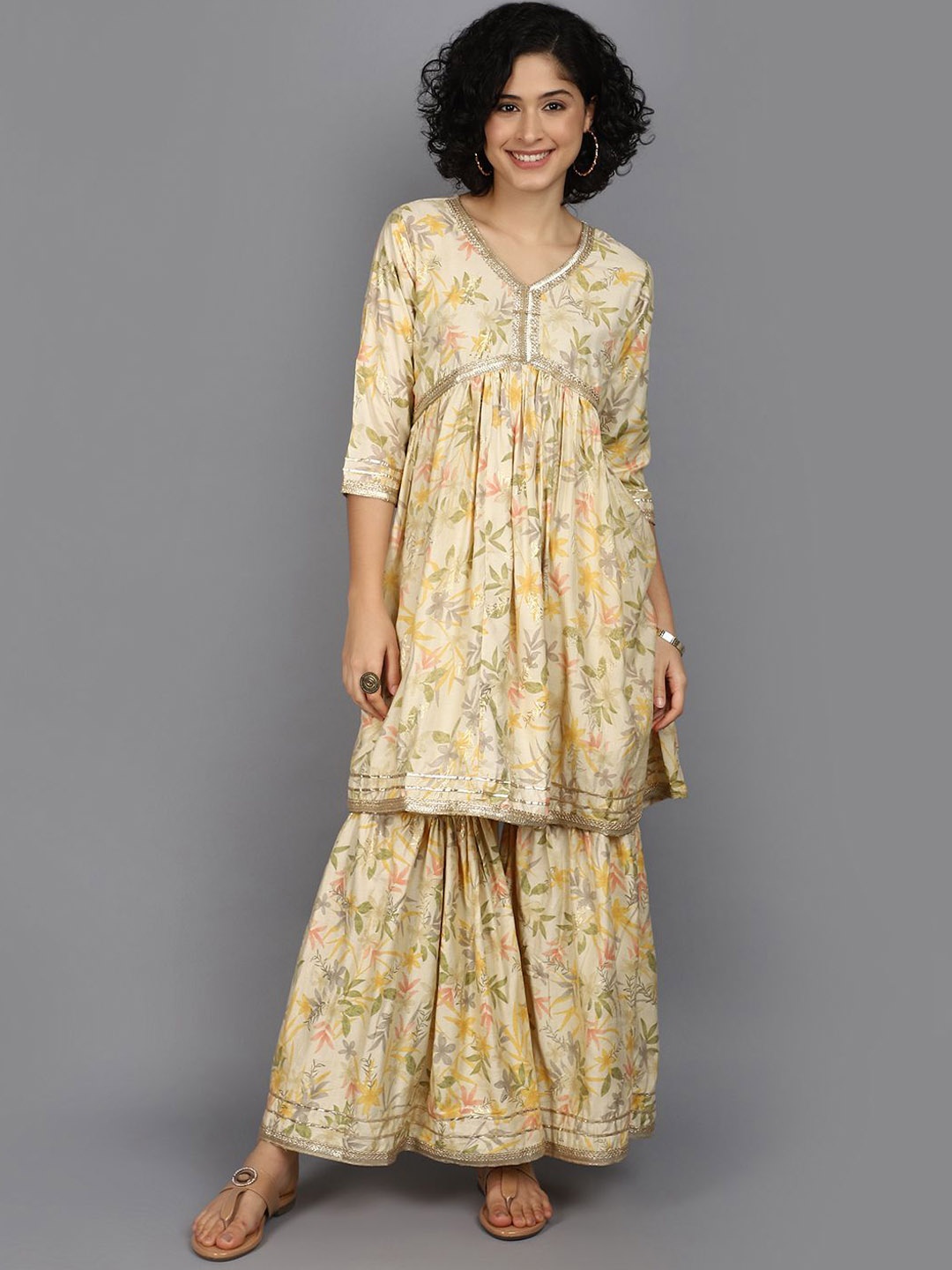 

V-Mart Floral Printed Gotta Patti Pure Cotton Empire A-Line Kurta With Sharara, Yellow