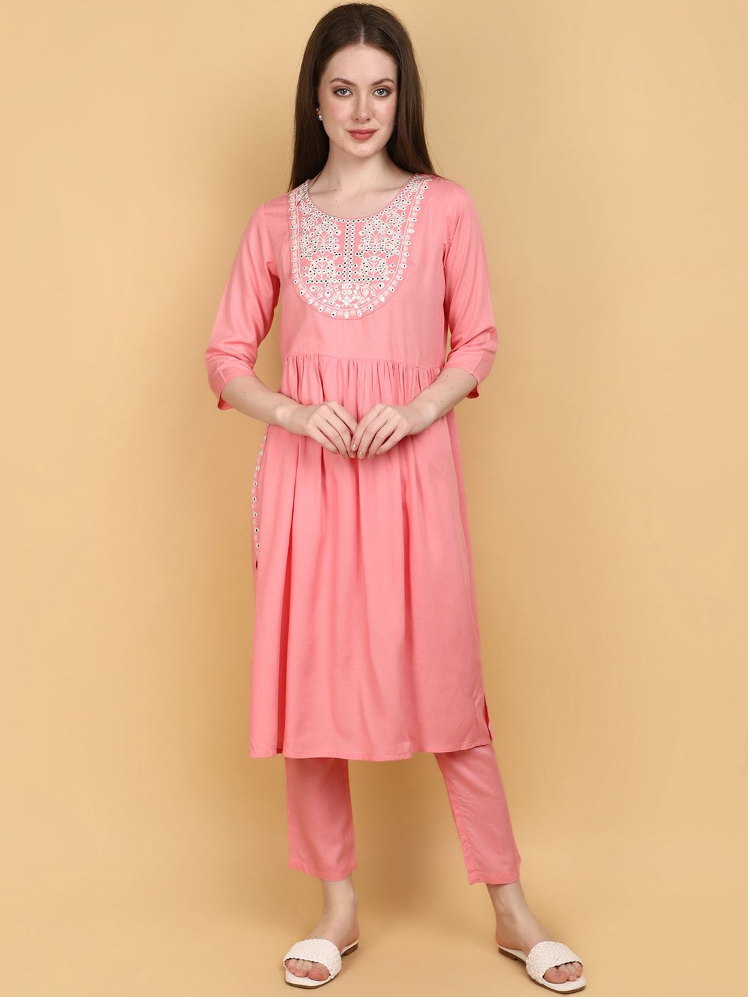 

V-Mart Floral Yoke Design Pleated Mirror Work Kurta with Trousers, Pink