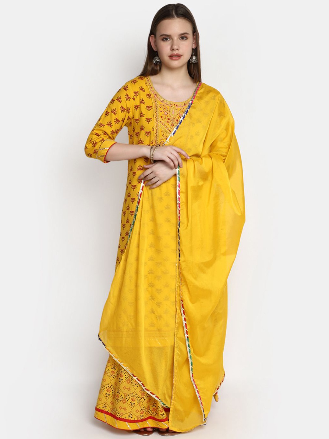 

V-Mart Floral Printed Thread Work Regular Kurta With Skirt, Yellow