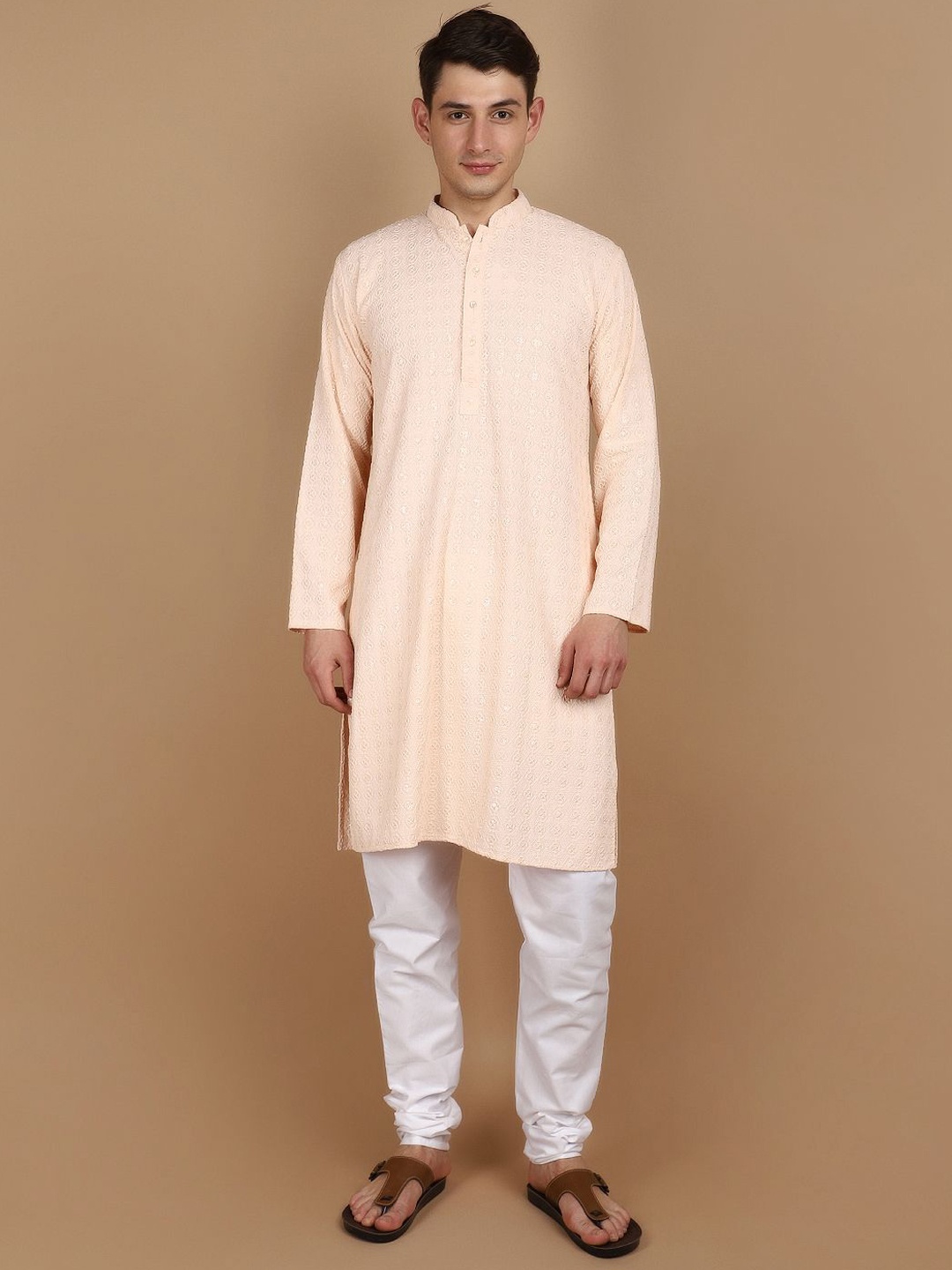

V-Mart Floral Embroidered Mandarin Collar Sequinned Pure Cotton Kurta with Churidar, Peach
