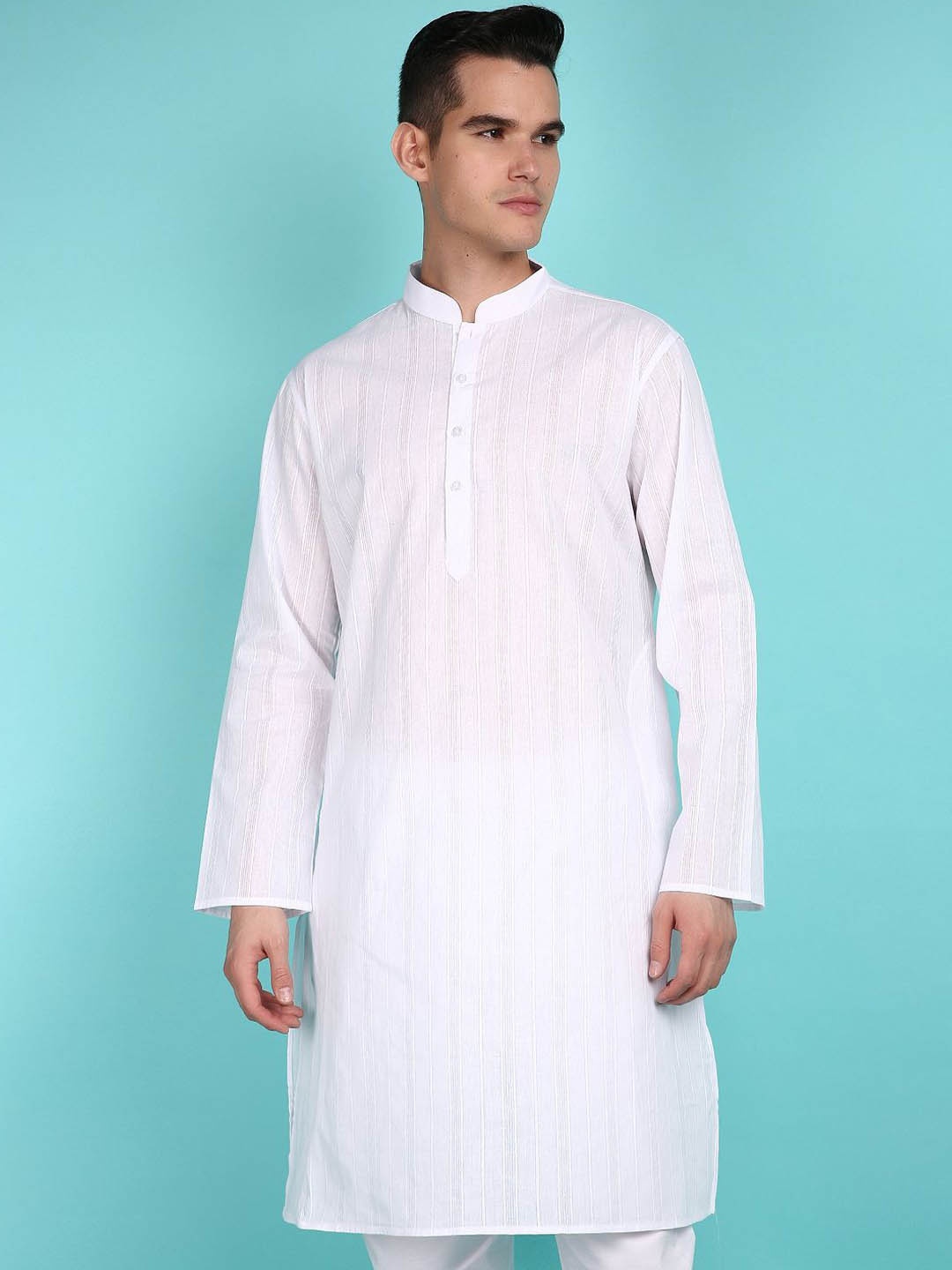 

V-Mart Striped Mandarin Collar Regular Kurta with Pyjamas, White