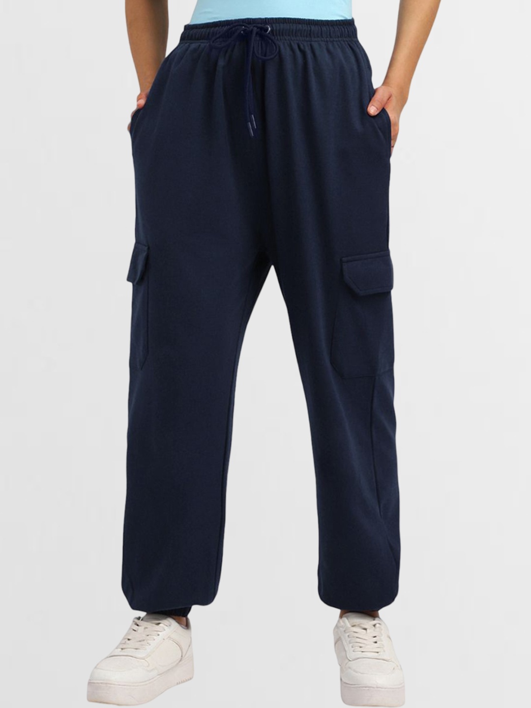 

JUNEBERRY Women Cotton Baggy-Fit High-Rise Joggers, Navy blue