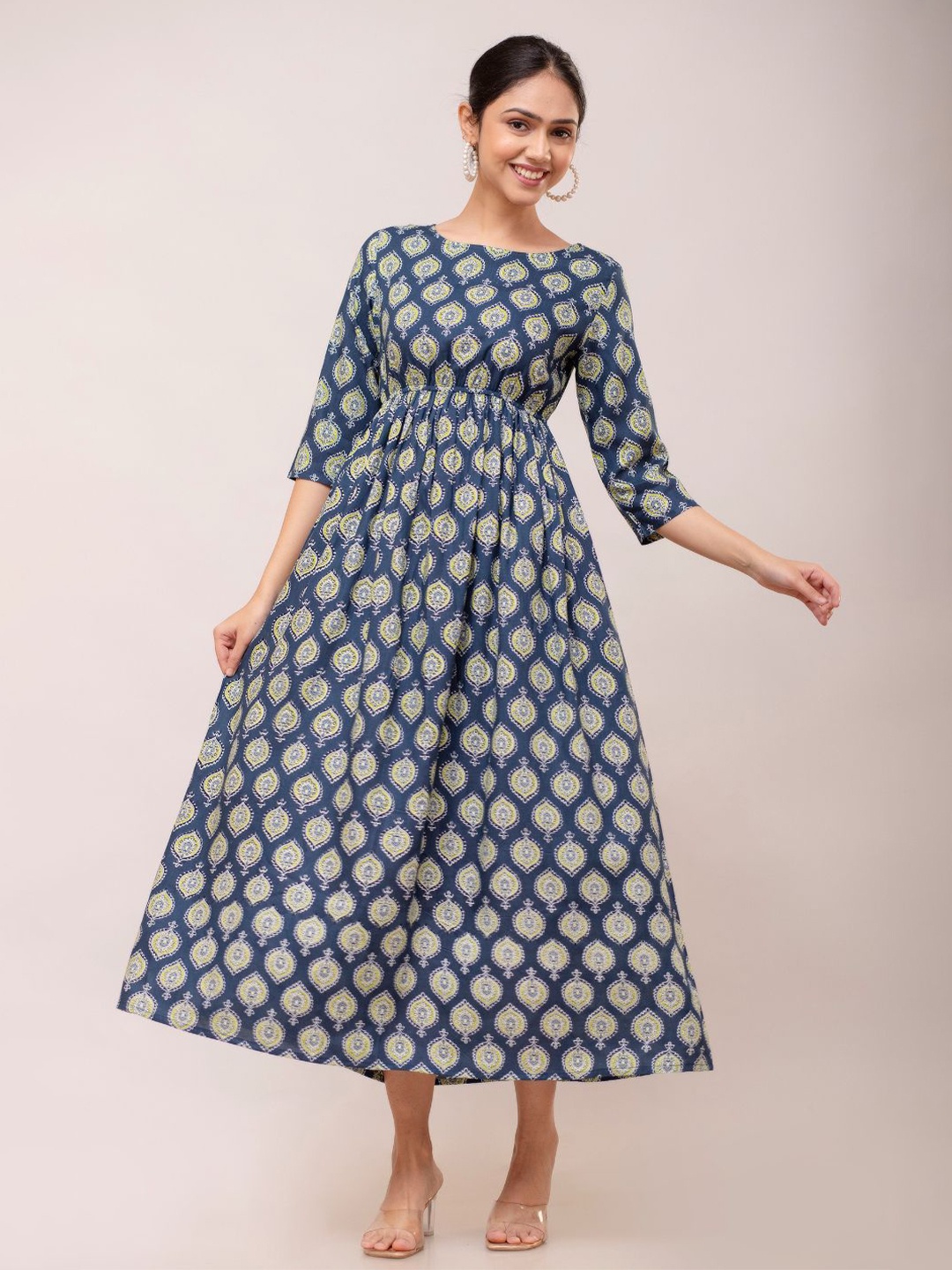 

FCV Ethnic Motifs Print Fit & Flare Midi Dress, Black