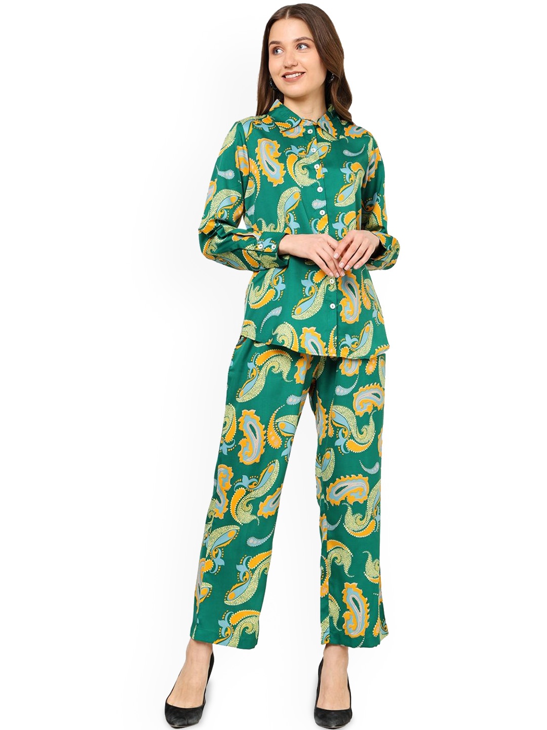 

YASH GALLERY Printed Shirt With Trousers, Green