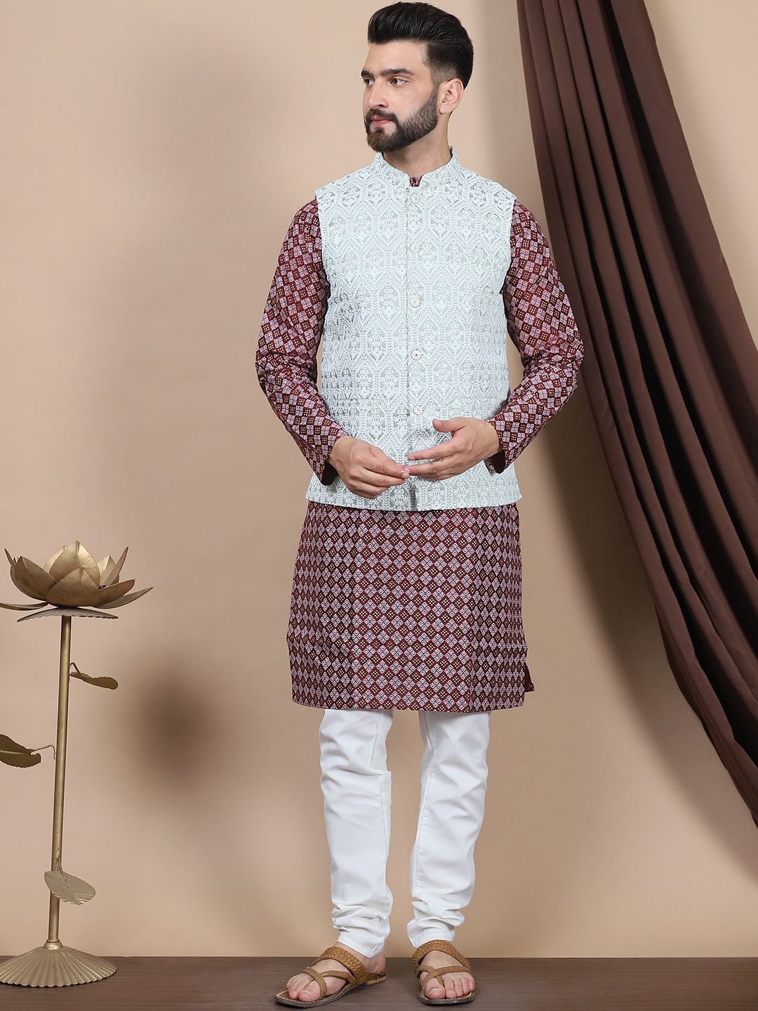 

Anouk Purple Ethnic Motifs Woven Design Mandarin Collar Straight Kurta & Nehru Jacket