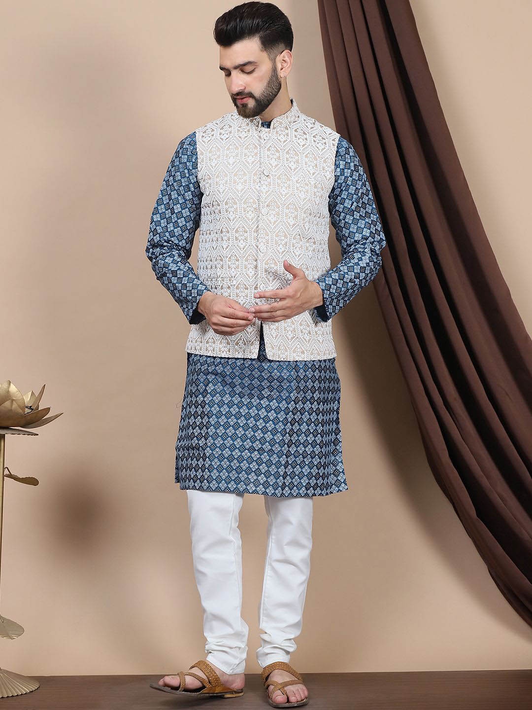 

Anouk Teal Blue Ethnic Motifs Woven Design Mandarin Collar Straight Kurta & Nehru Jacket