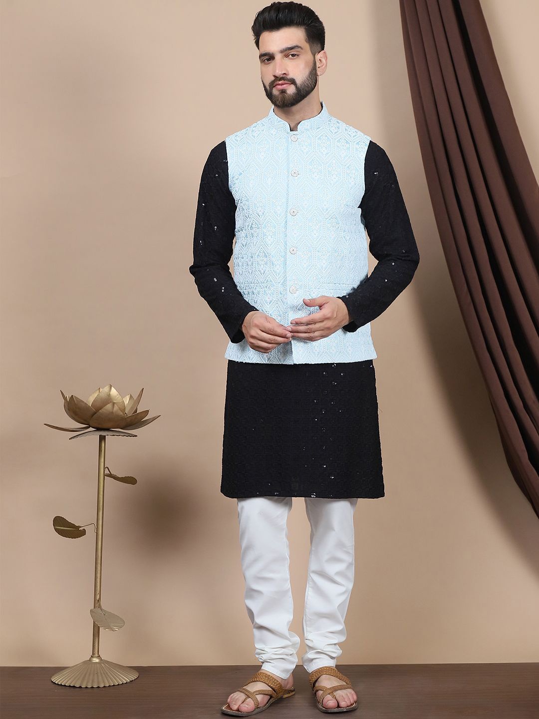 

Anouk Black Floral Embroidered Sequinned Cotton Straight Kurta & Churidar & Nehru Jacket