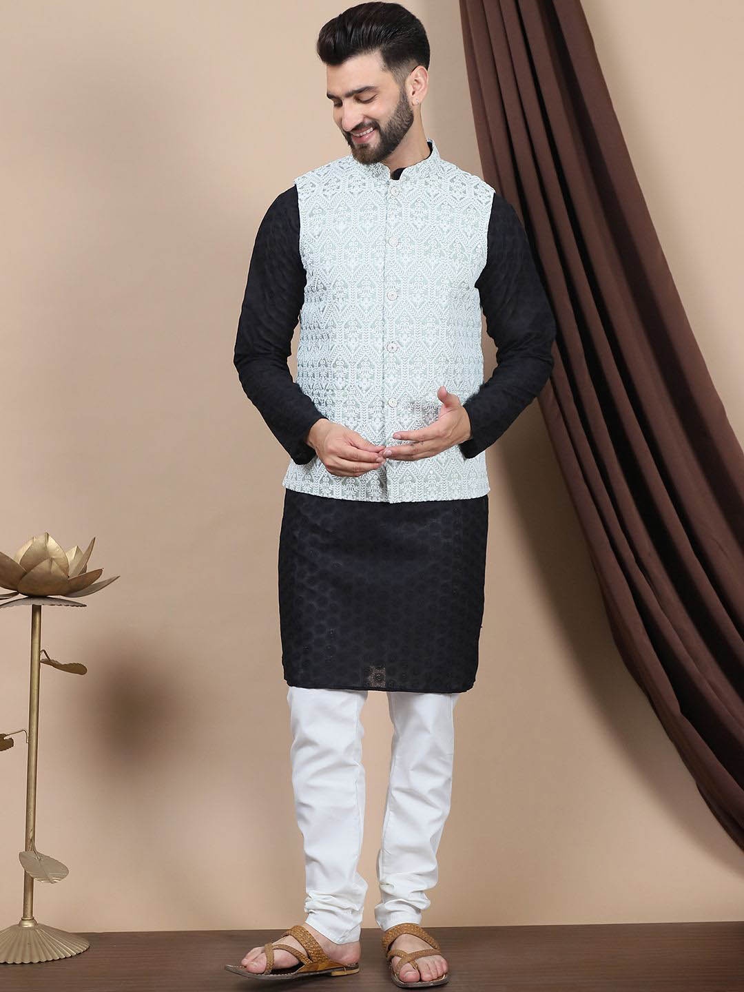 

Anouk Black Ethnic Motifs Embroidered Pure Cotton Straight Kurta with Churidar