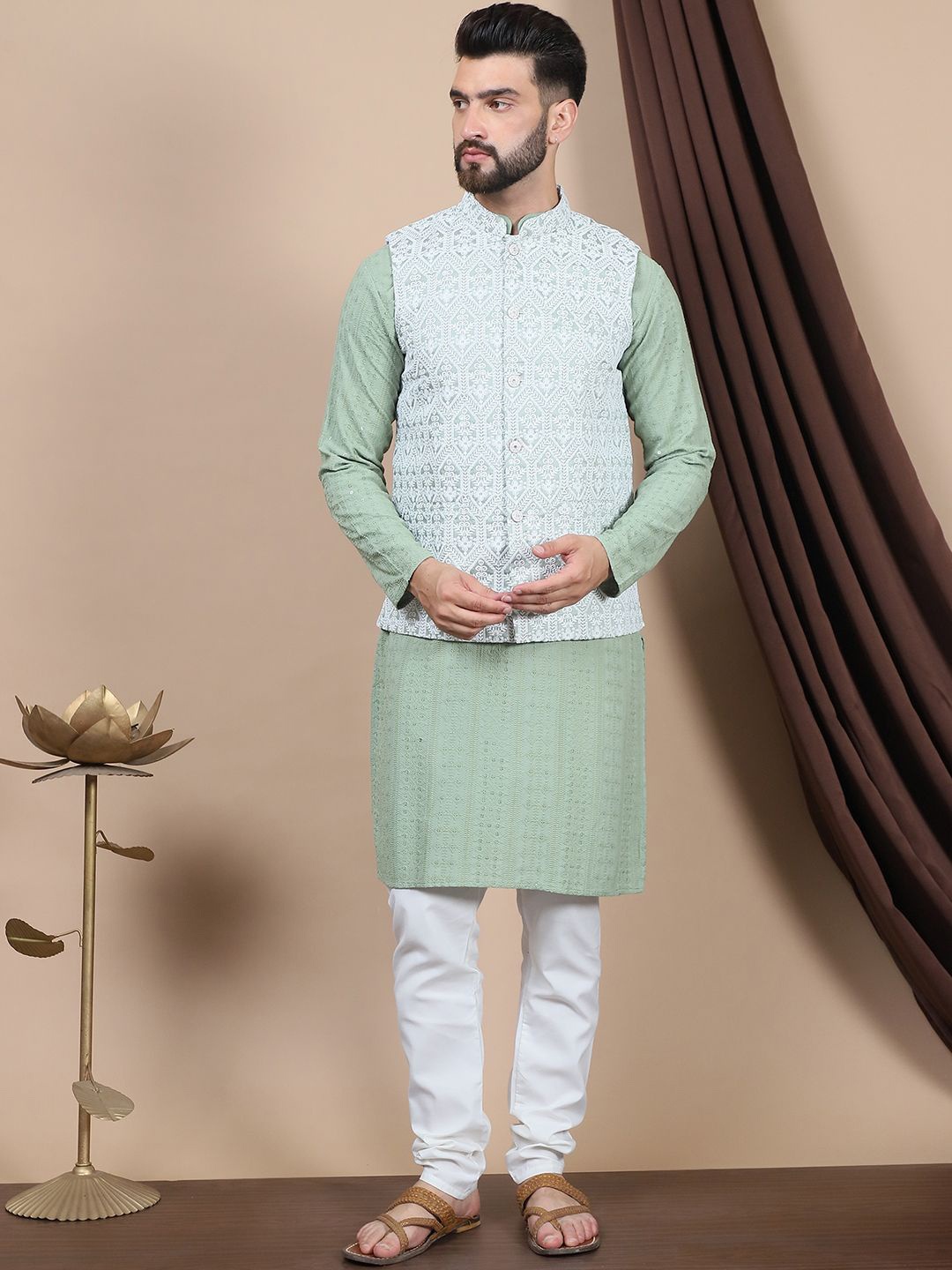 

Anouk Green Floral Embroidered Straight Sequinned Pure Cotton Kurta with Churidar