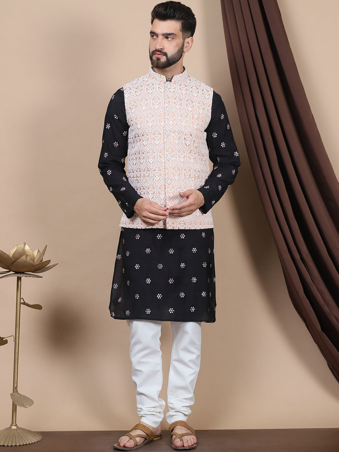 

Anouk Black Ethnic Motifs Embroidered Straight Thread Work Kurta with Churidar
