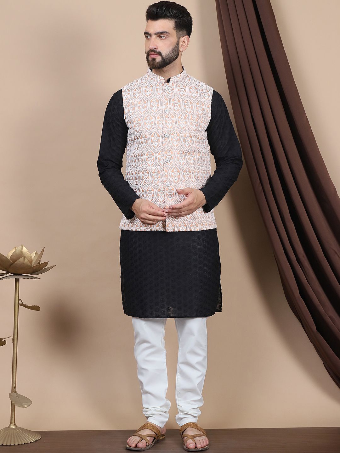 

Anouk Black Floral Embroidered Straight Thread Work Pure Cotton Kurta with Churidar