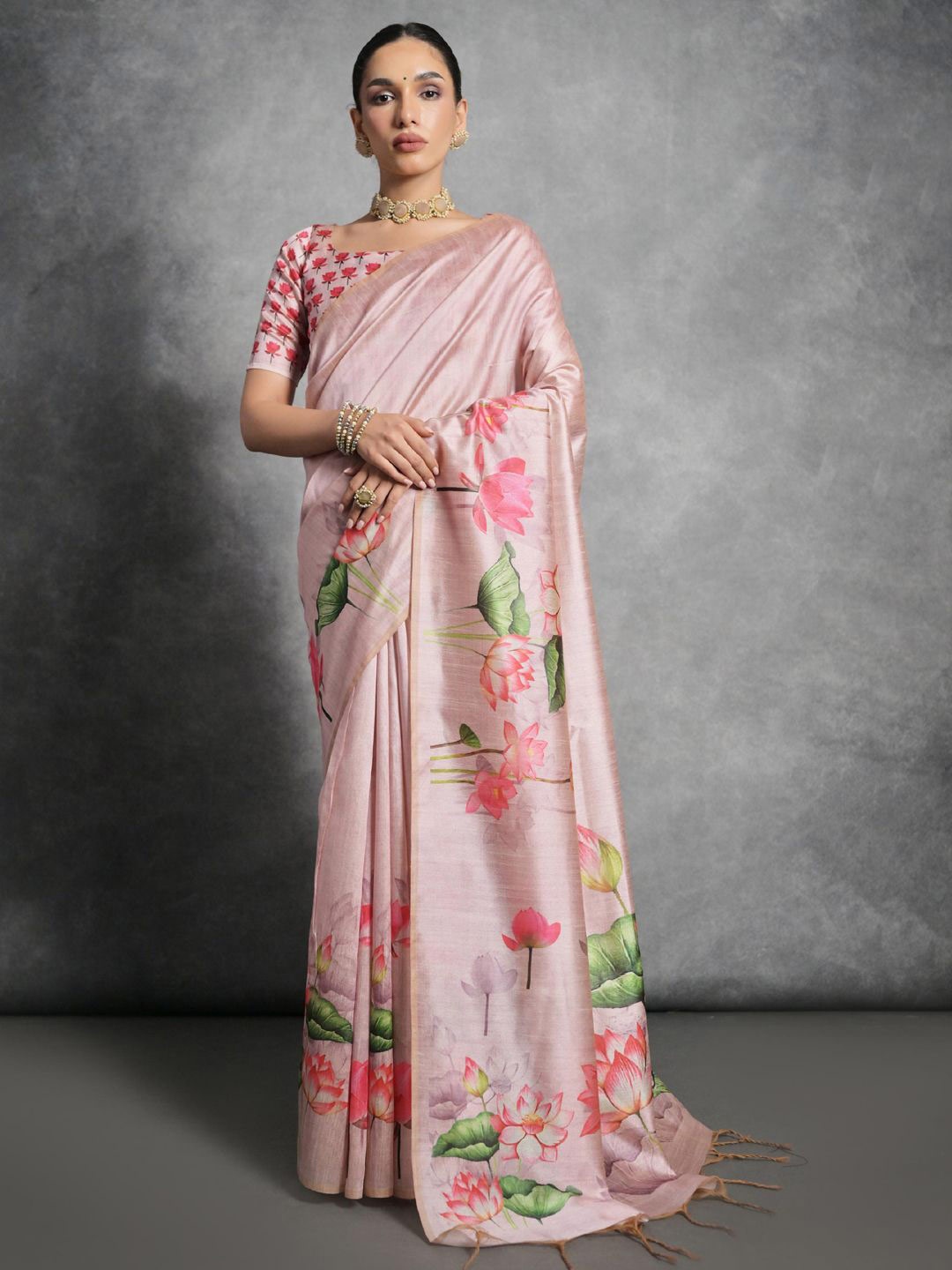 

Mitera Tussar Floral Print Saree, Pink