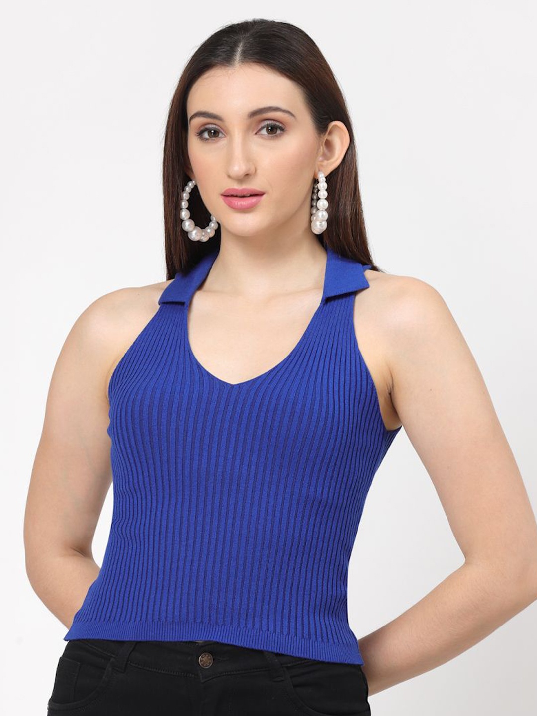 

Kalt Women Sleeveless V-Neck Ribbed Knitted Fitted Striped Top, Blue