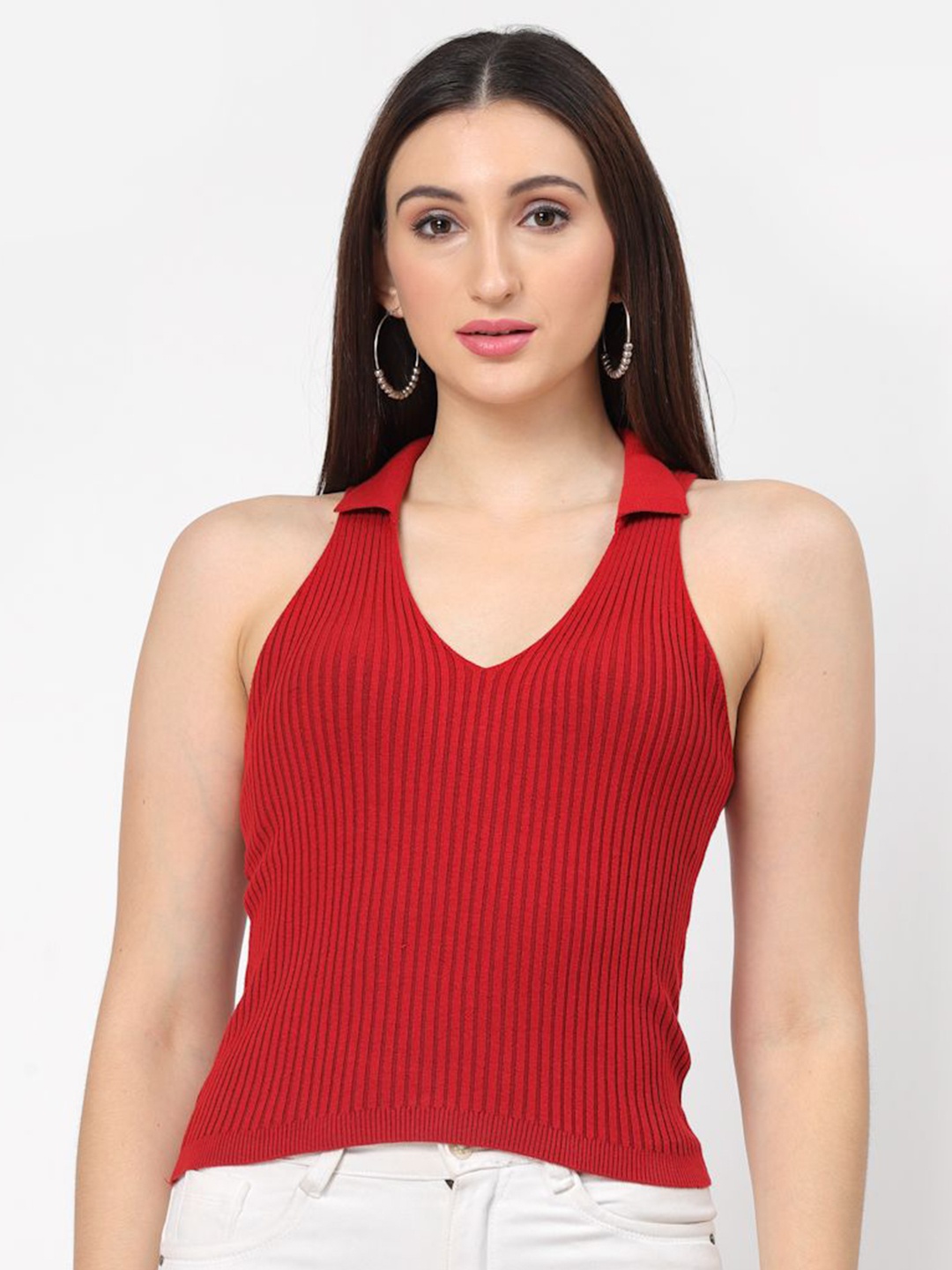 

Kalt Women Sleeveless V-Neck Ribbed Knitted Fitted Striped Top, Red