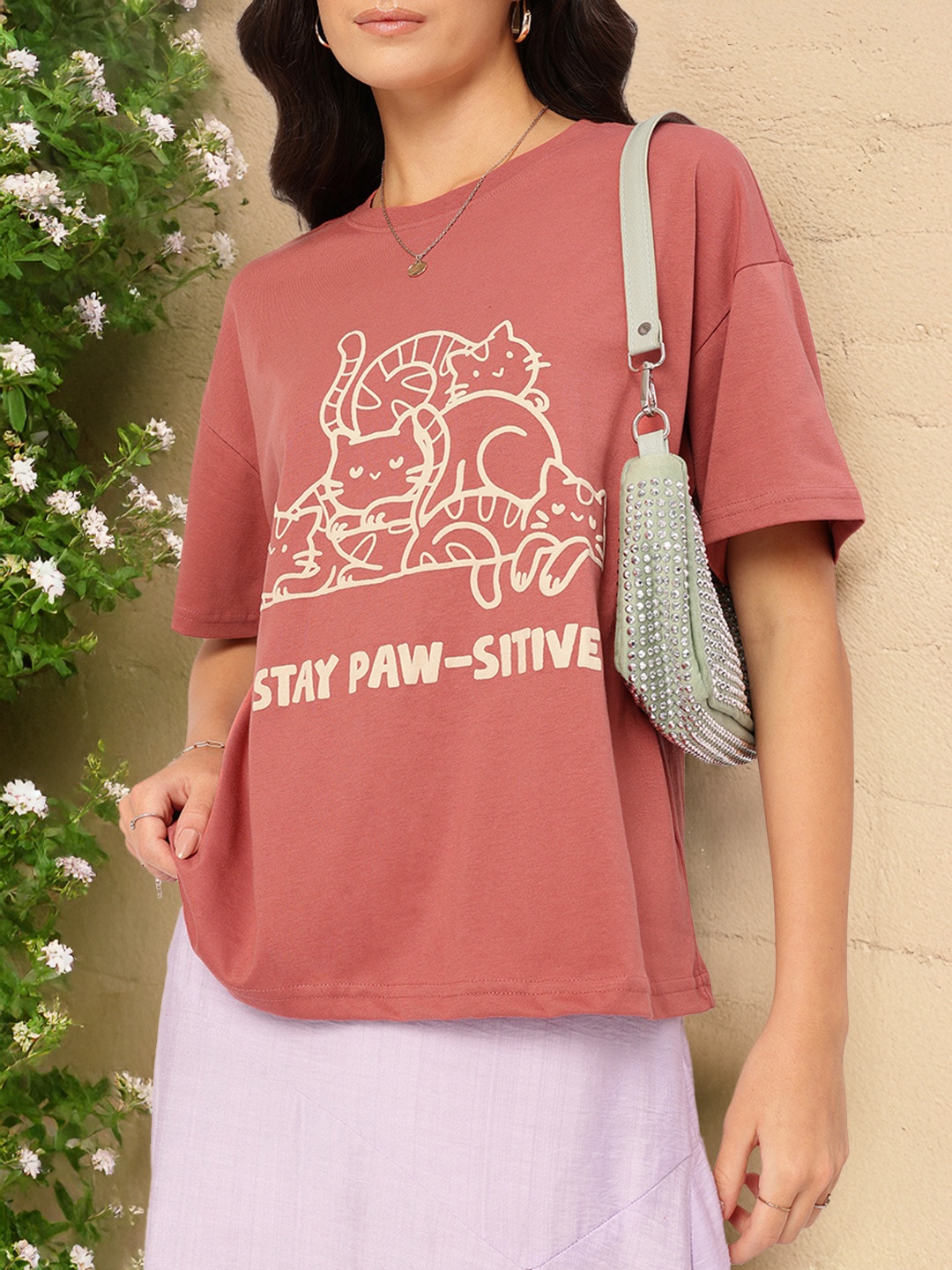 

DressBerry Positive Vibe Printed Relaxed Fit T-shirt, Rust