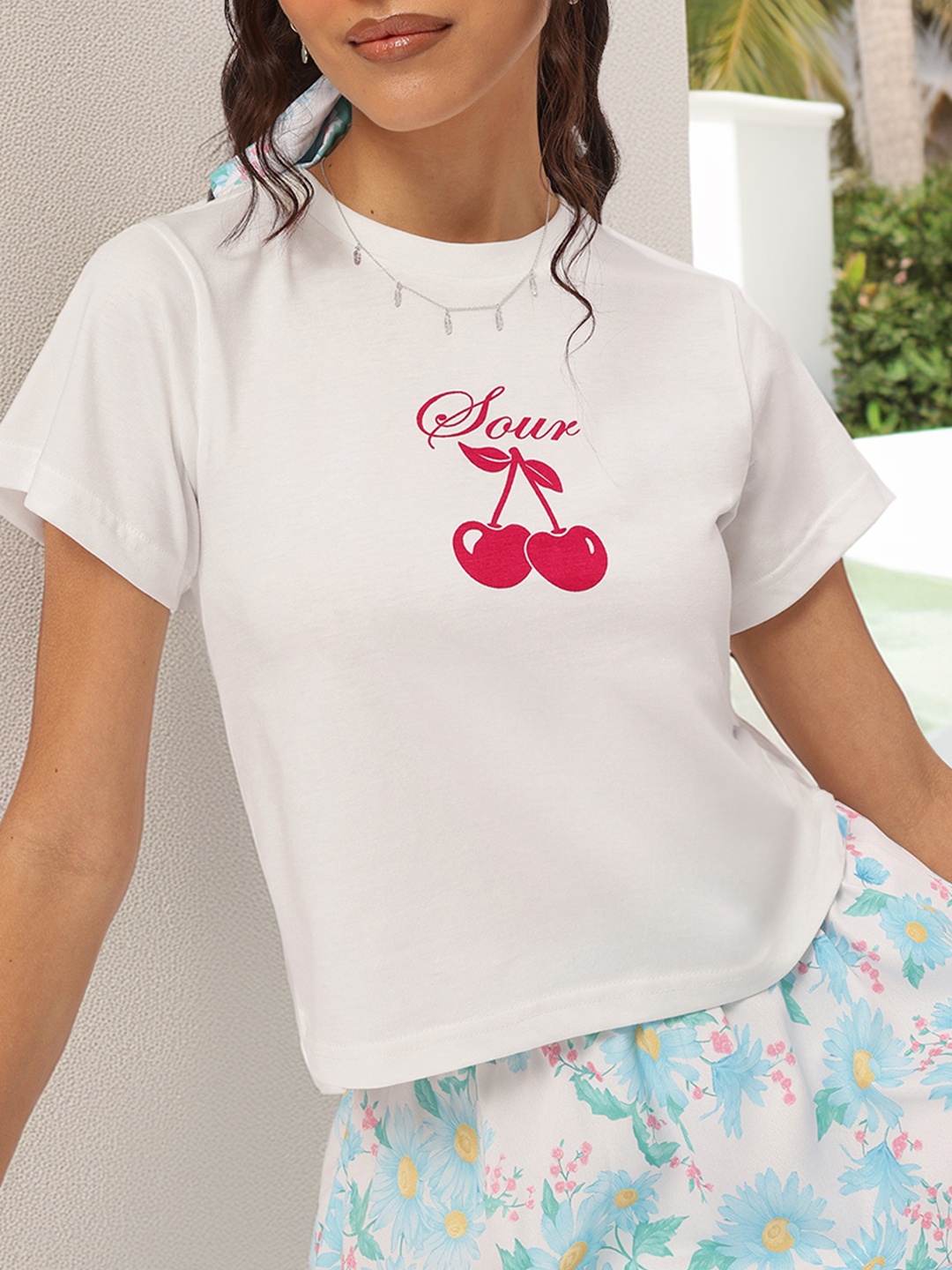 

DressBerry Cherry Chic Printed Cropped T-shirt, White