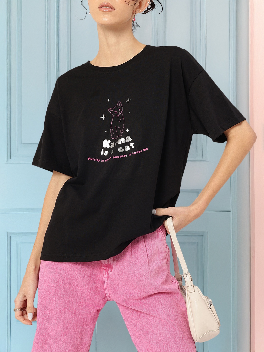 

DressBerry Karma Is A Cat Print T-shirt, Black