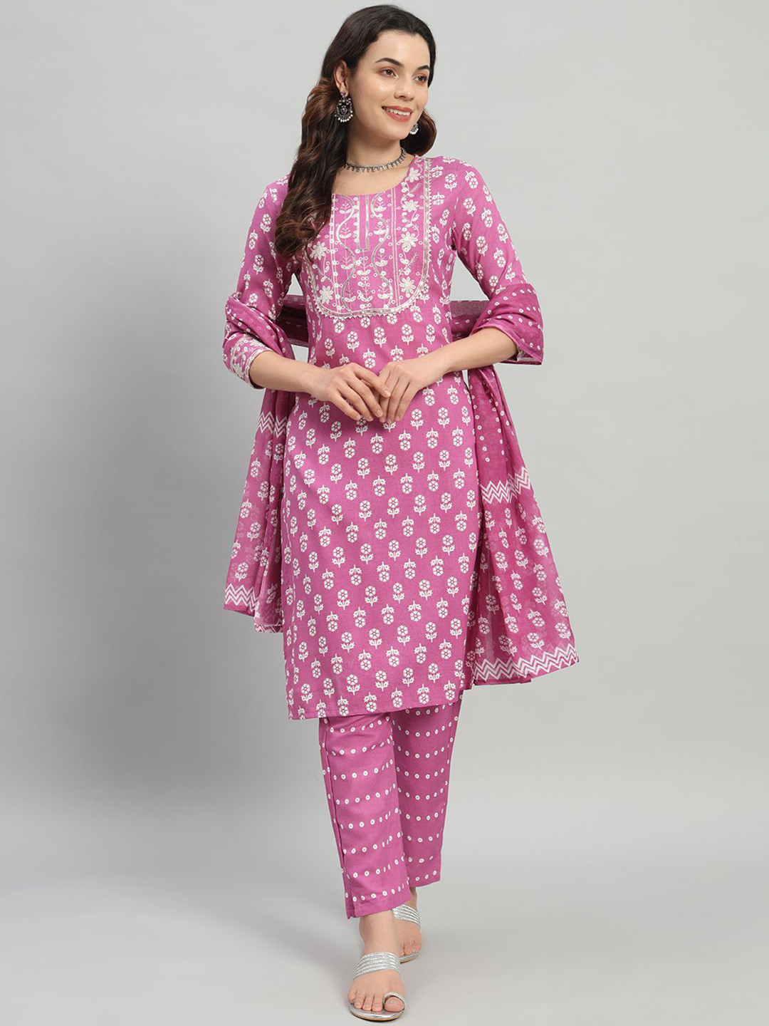 

ASHRU Ethnic Motifs Printed Straight Thread Work Kurta with Trousers & Dupatta, Pink