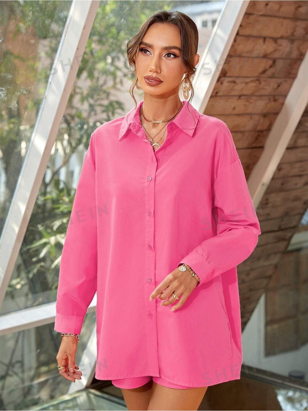 

Fab Star Women Comfort Solid Oversized Casual Shirt, Pink
