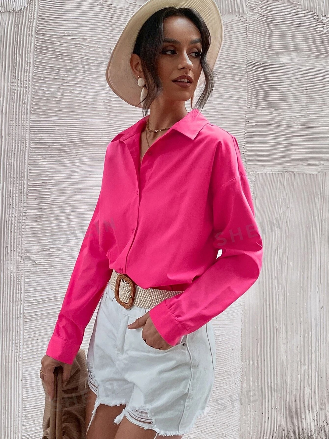 

Fab Star Women Comfort Solid Oversized Casual Shirt, Pink
