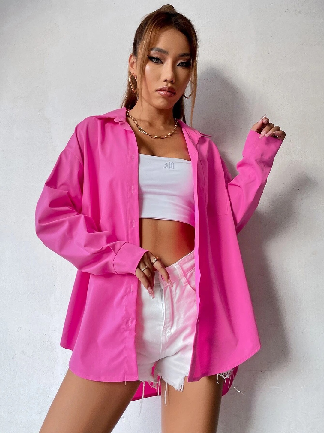 

Fab Star Women Comfort Solid Oversized Pocket Casual Shirt, Pink