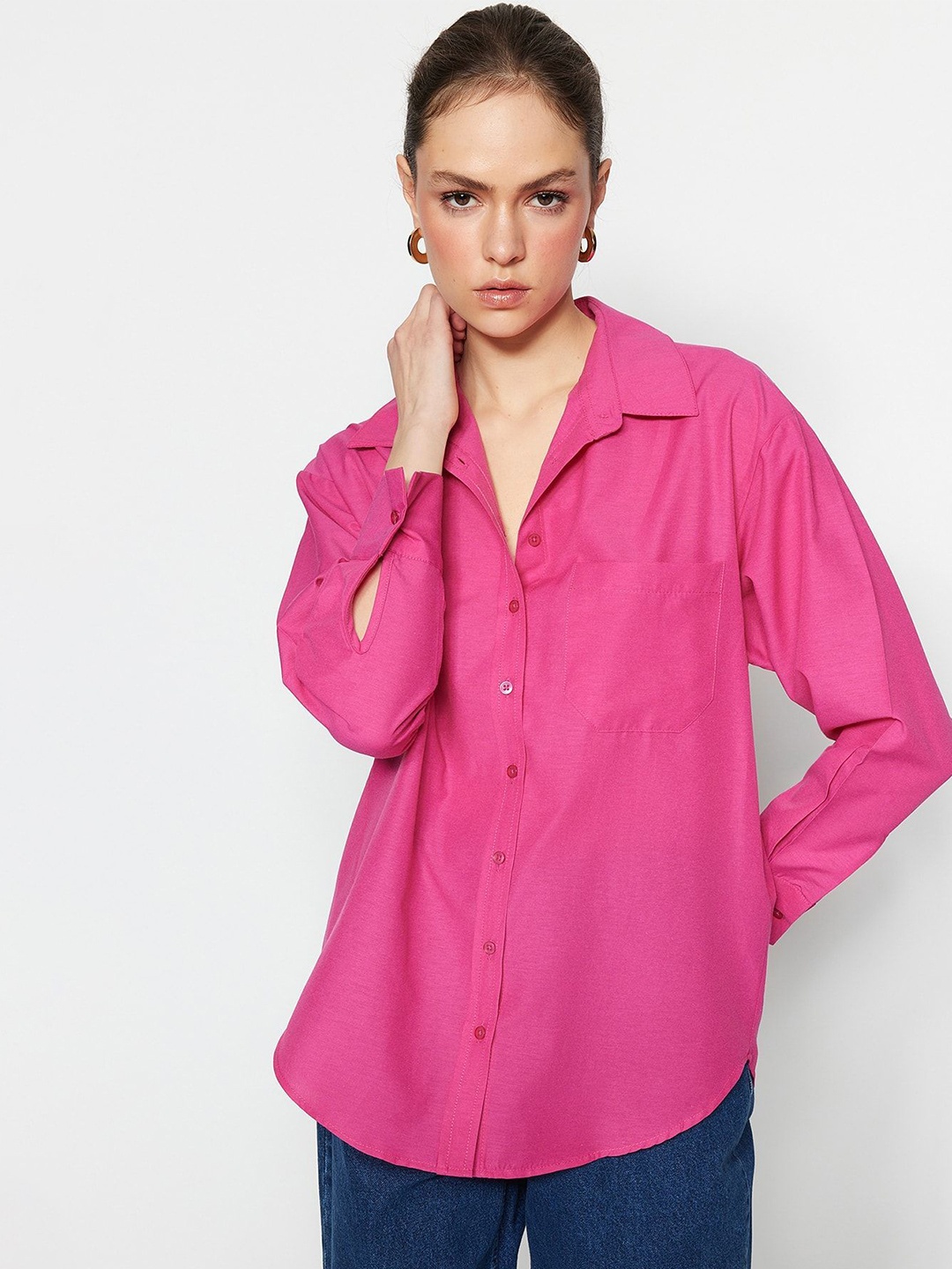 

Fab Star Women Comfort Solid Oversized Pocket Casual Shirt, Pink