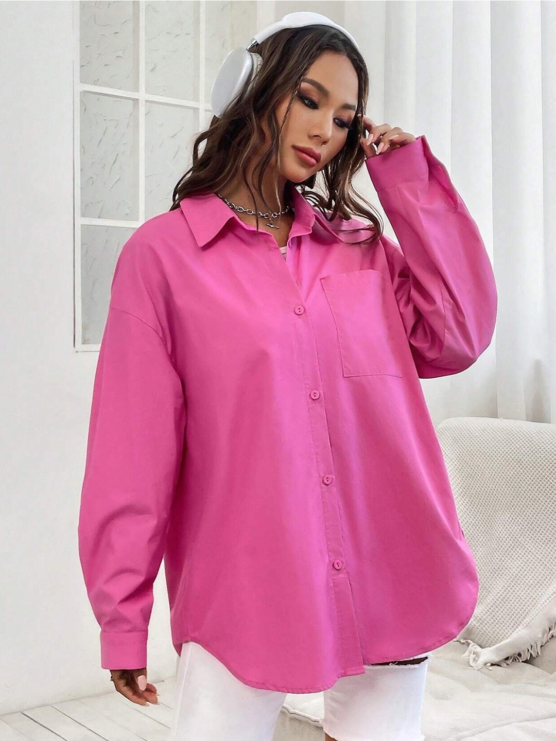 

Fab Star Women Comfort Solid Oversized Pocket Casual Shirt, Pink