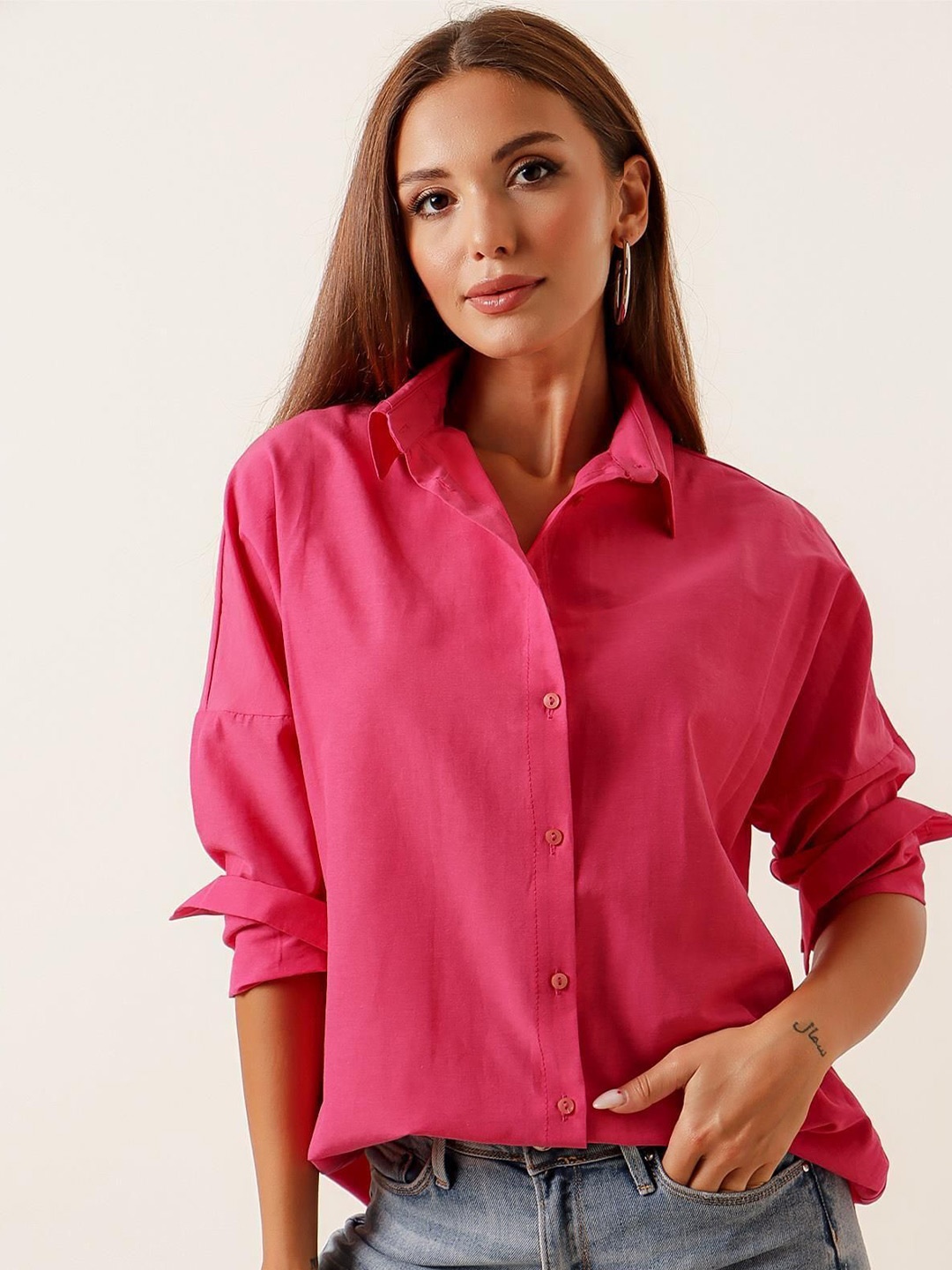 

Fab Star Women Comfort Solid Oversized Casual Shirt, Pink