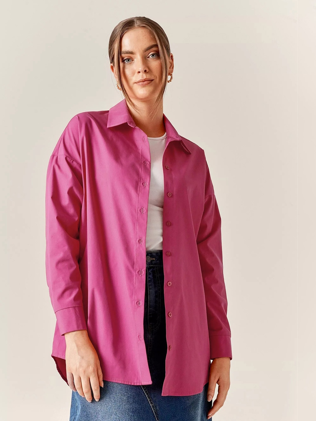 

Fab Star Women Comfort Solid Oversized Casual Shirt, Pink