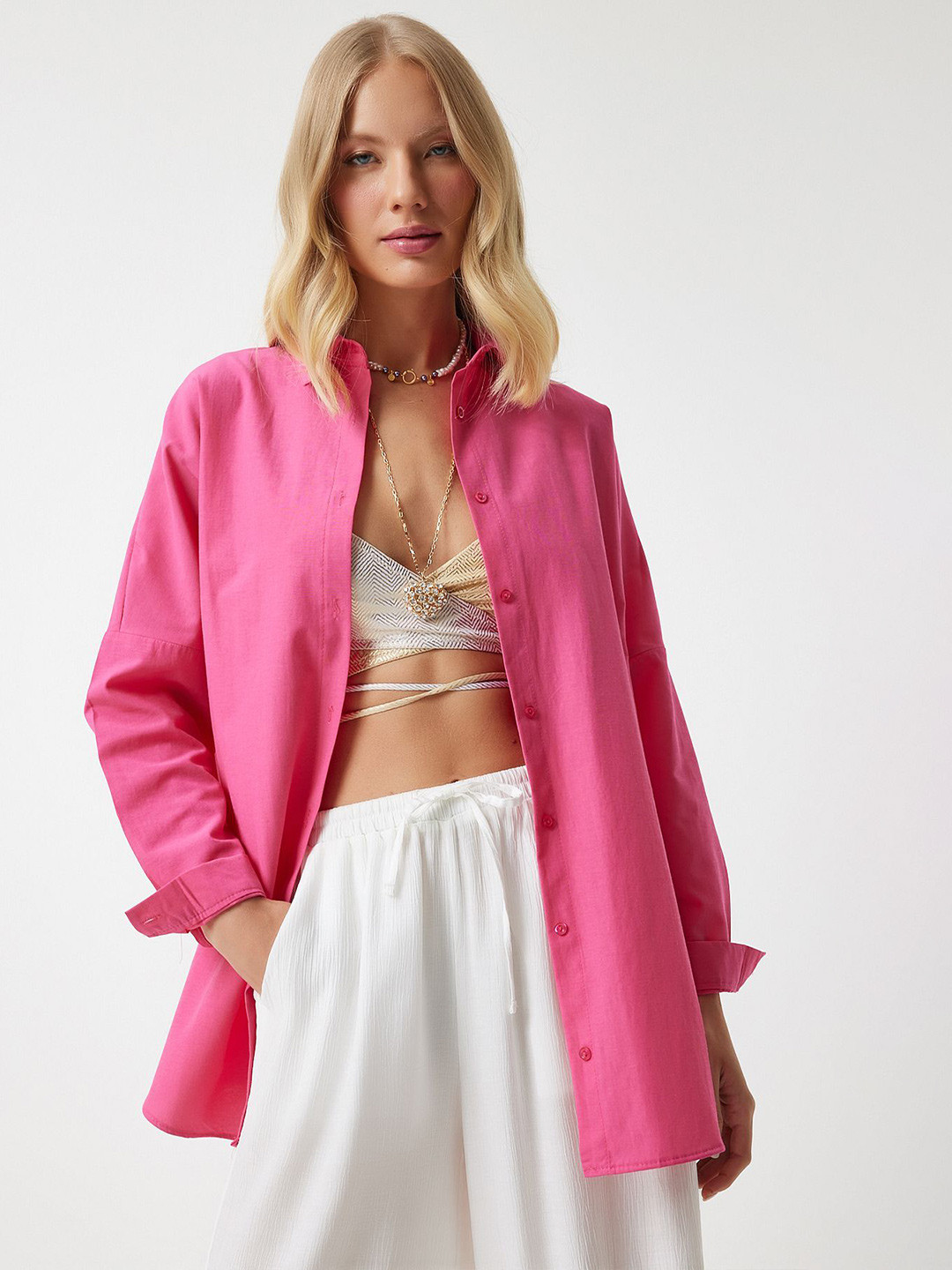 

Fab Star Women Comfort Solid Oversized Casual Shirt, Pink