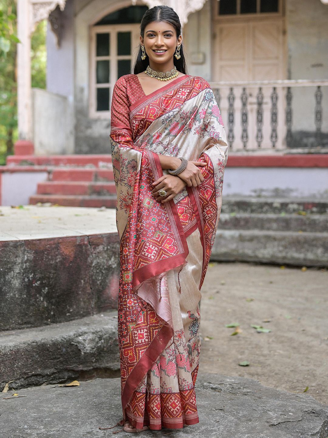 

Mitera Tussar Floral Printed Saree, Coffee brown