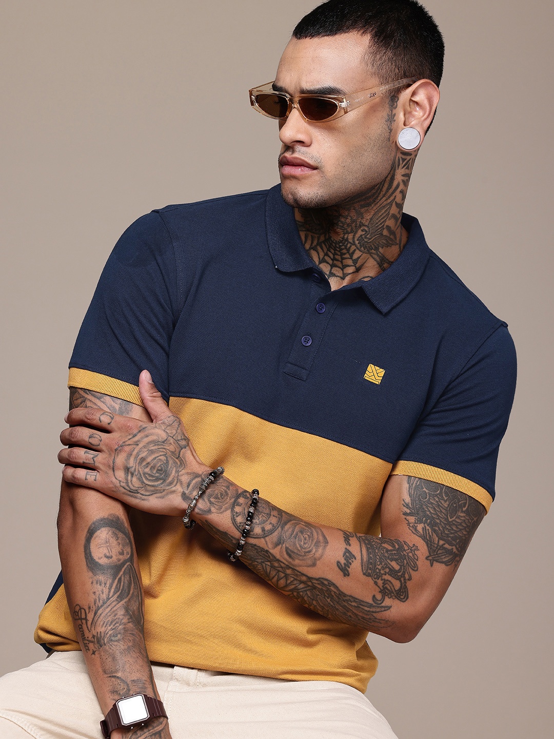 

WROGN Colourblocked Polo Collar Pure Cotton T-shirt, Navy blue