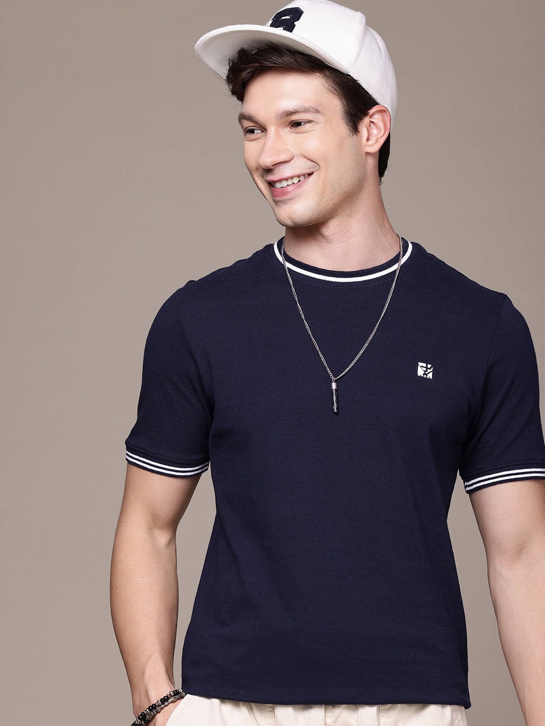 

WROGN Pure Cotton Round Neck T-shirt, Navy blue