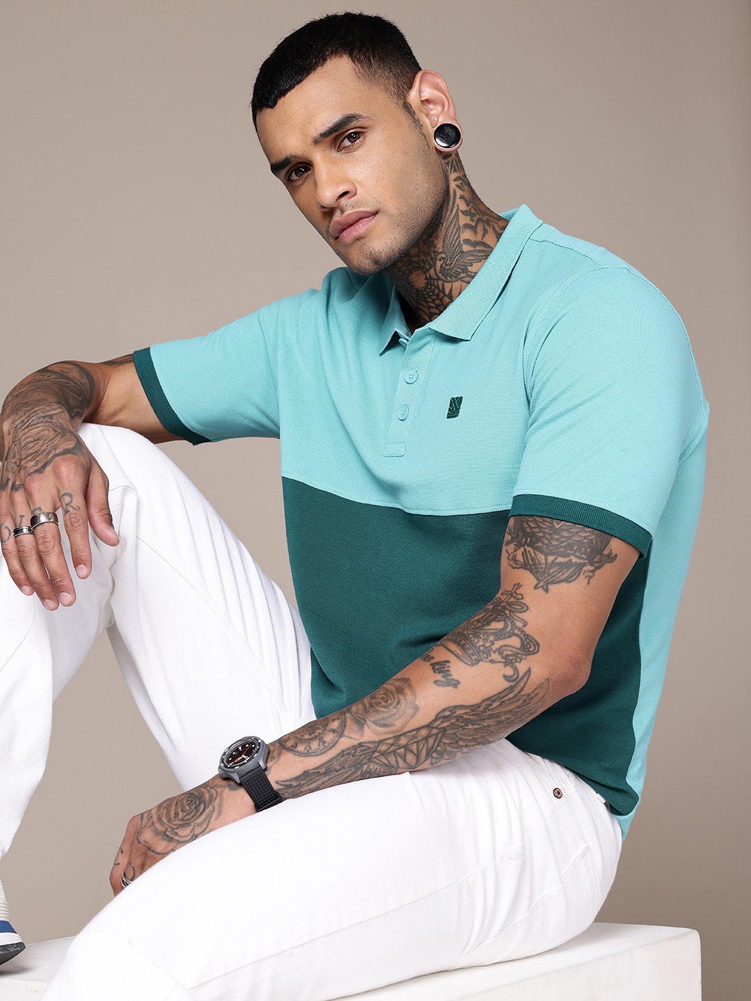 

WROGN Colourblocked Polo Collar Pure Cotton T-shirt, Blue