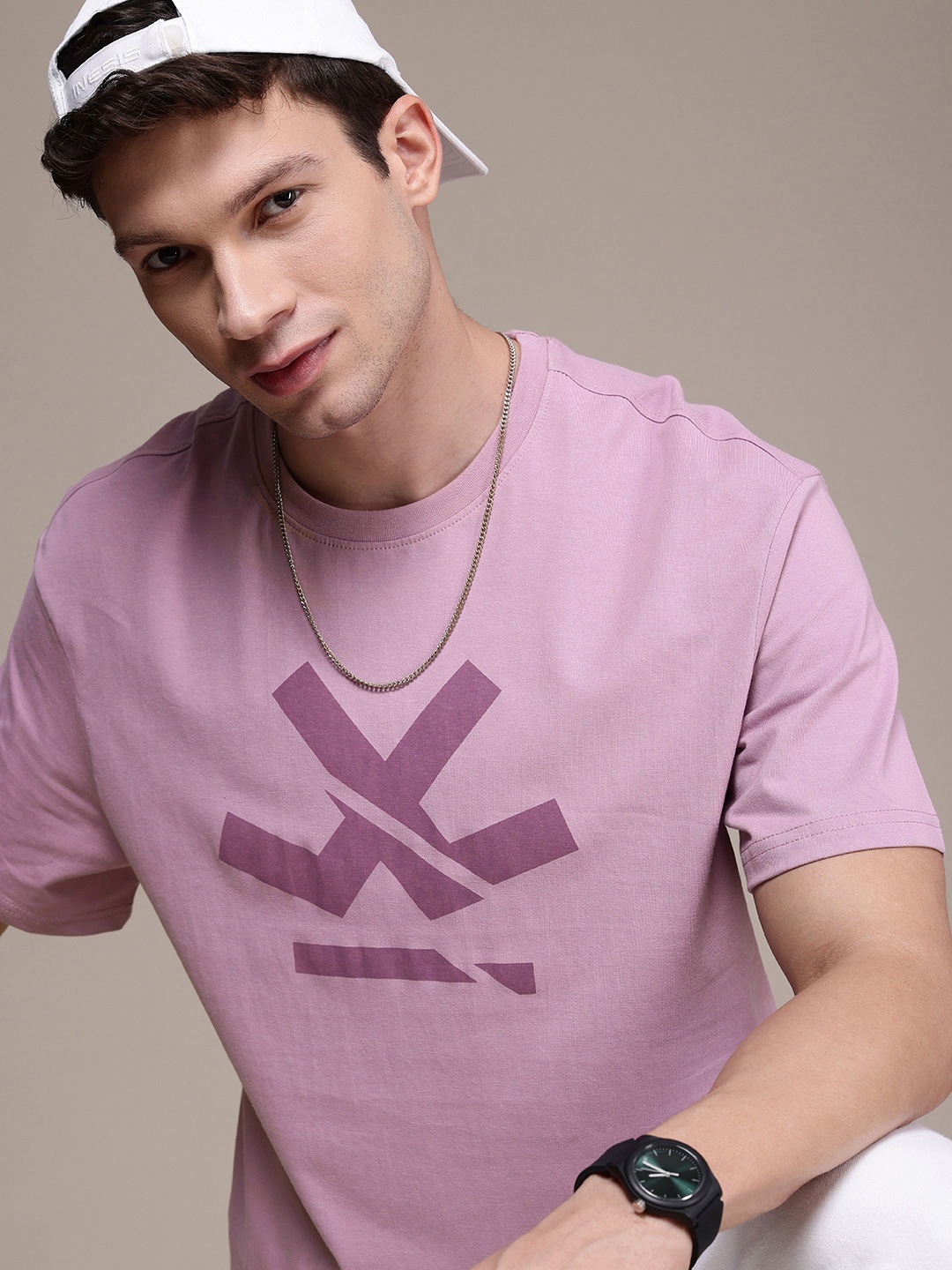 

WROGN Brand Logo Printed Crew Neck Pure Cotton T-shirt, Lavender