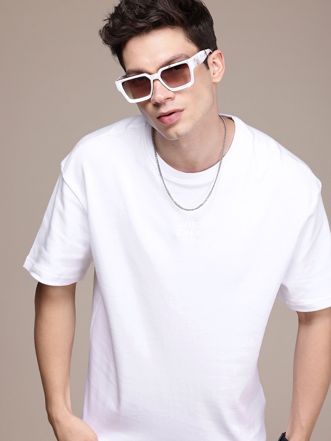 

WROGN Drop-Shoulder Sleeves Relaxed Fit Pure Cotton T-shirt, White