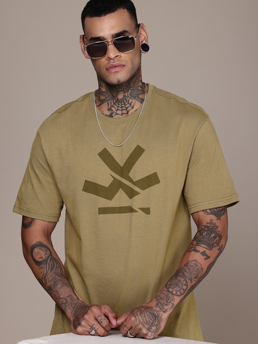 

WROGN Brand Logo Printed Crew Neck Pure Cotton T-shirt, Olive