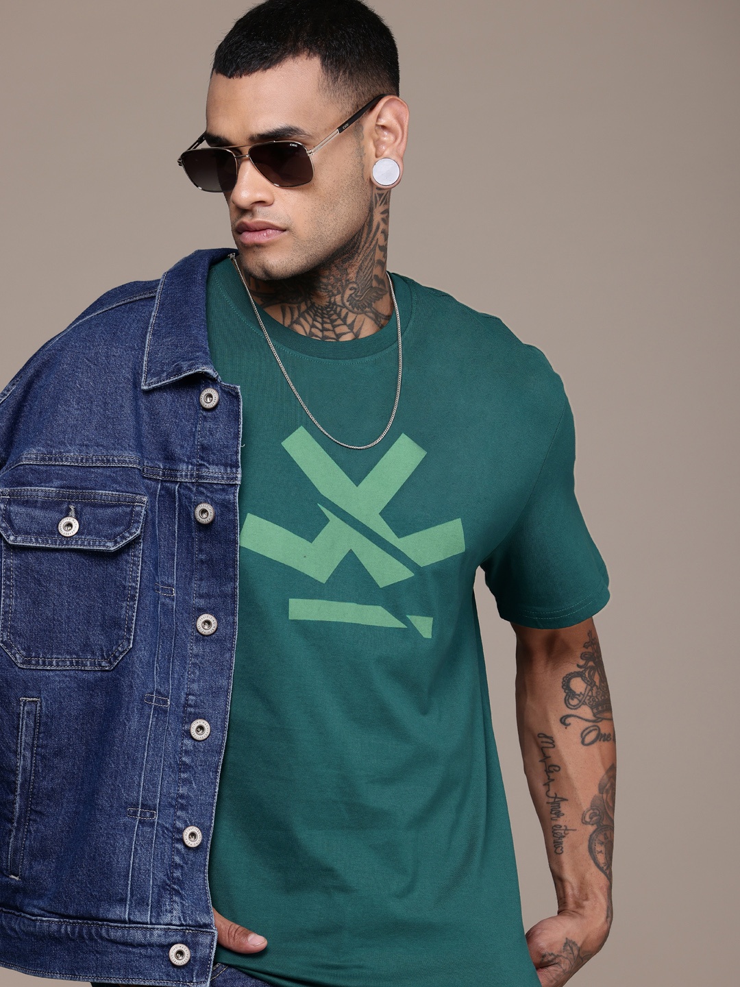 

WROGN Brand Logo Printed Crew Neck Pure Cotton T-shirt, Teal