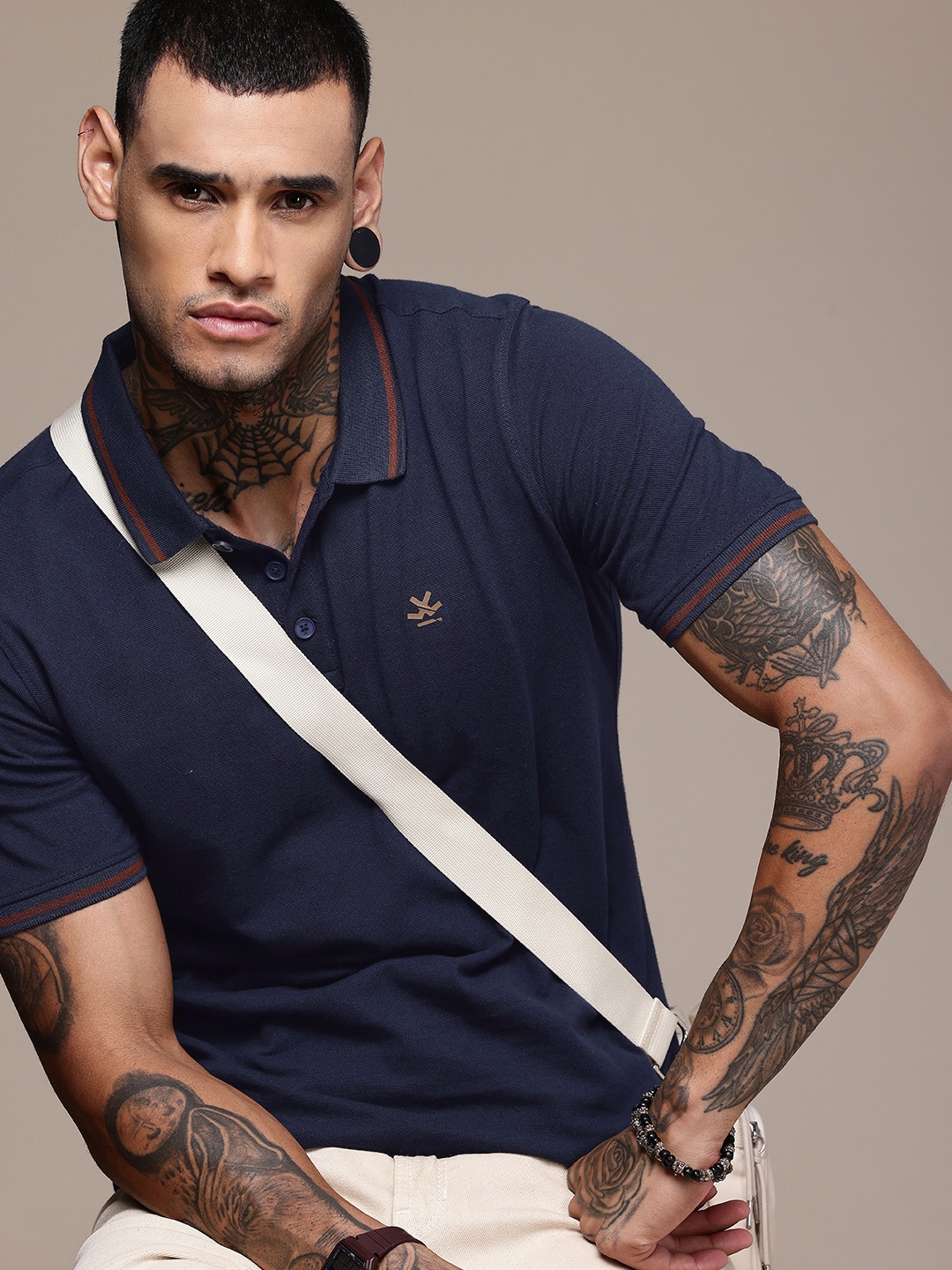 

WROGN Polo Collar Pure Cotton T-shirt, Navy blue