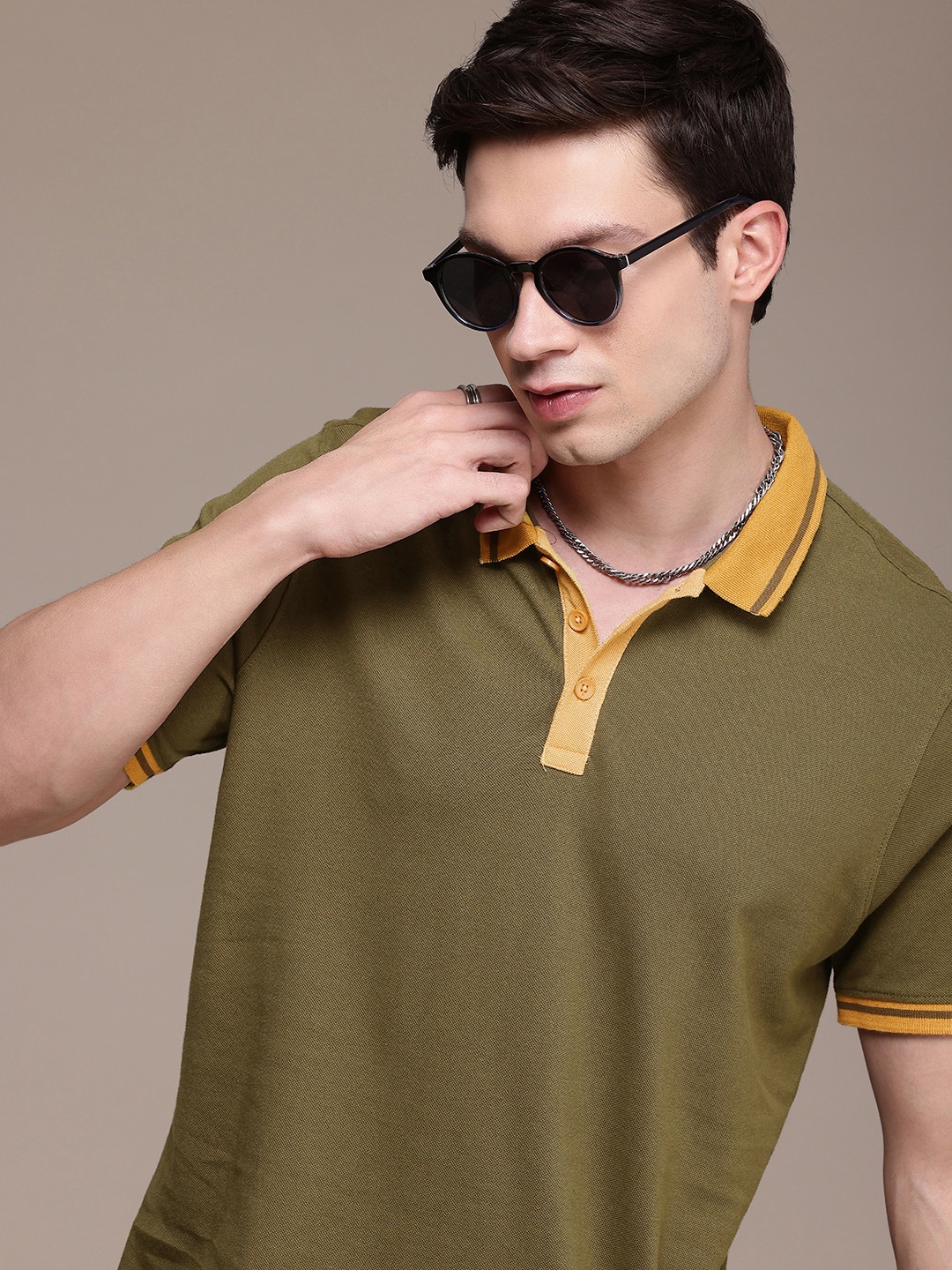 

WROGN Pure Cotton Polo Collar T-shirt, Olive