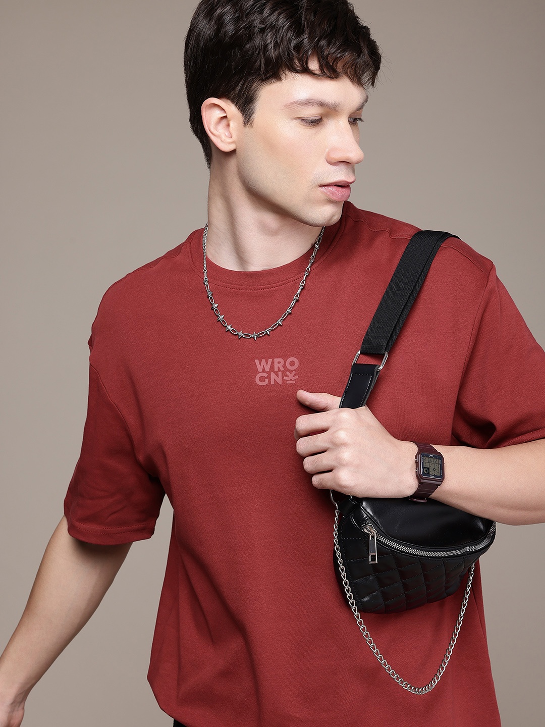 

WROGN Drop-Shoulder Sleeves Pure Cotton T-shirt, Maroon