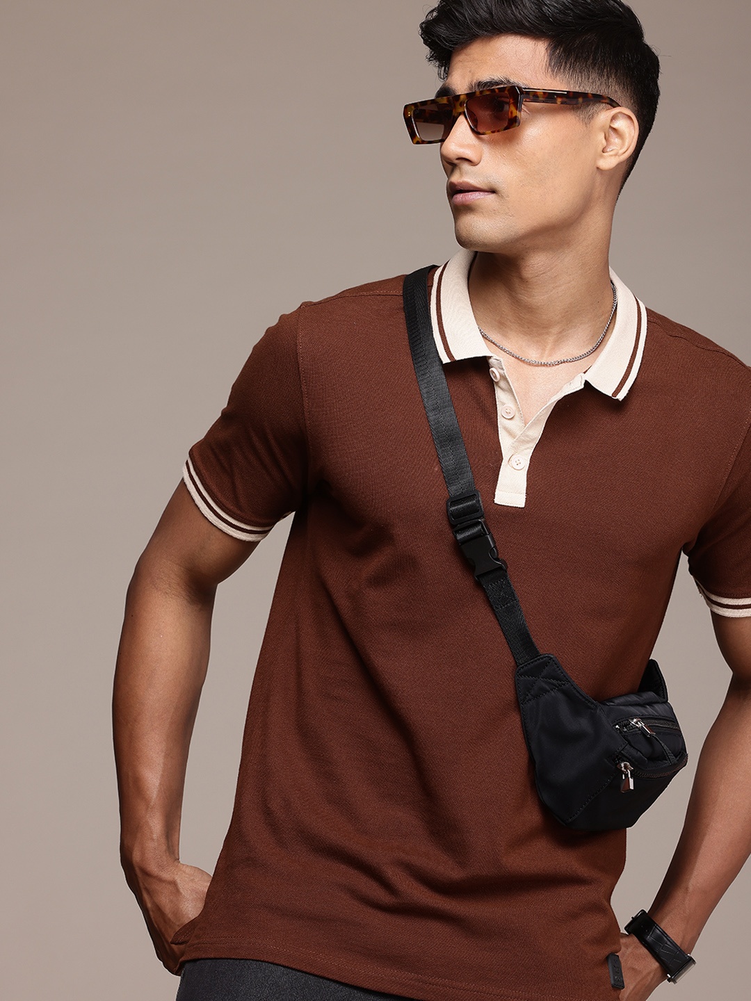 

WROGN Pure Cotton Polo Collar T-shirt, Brown